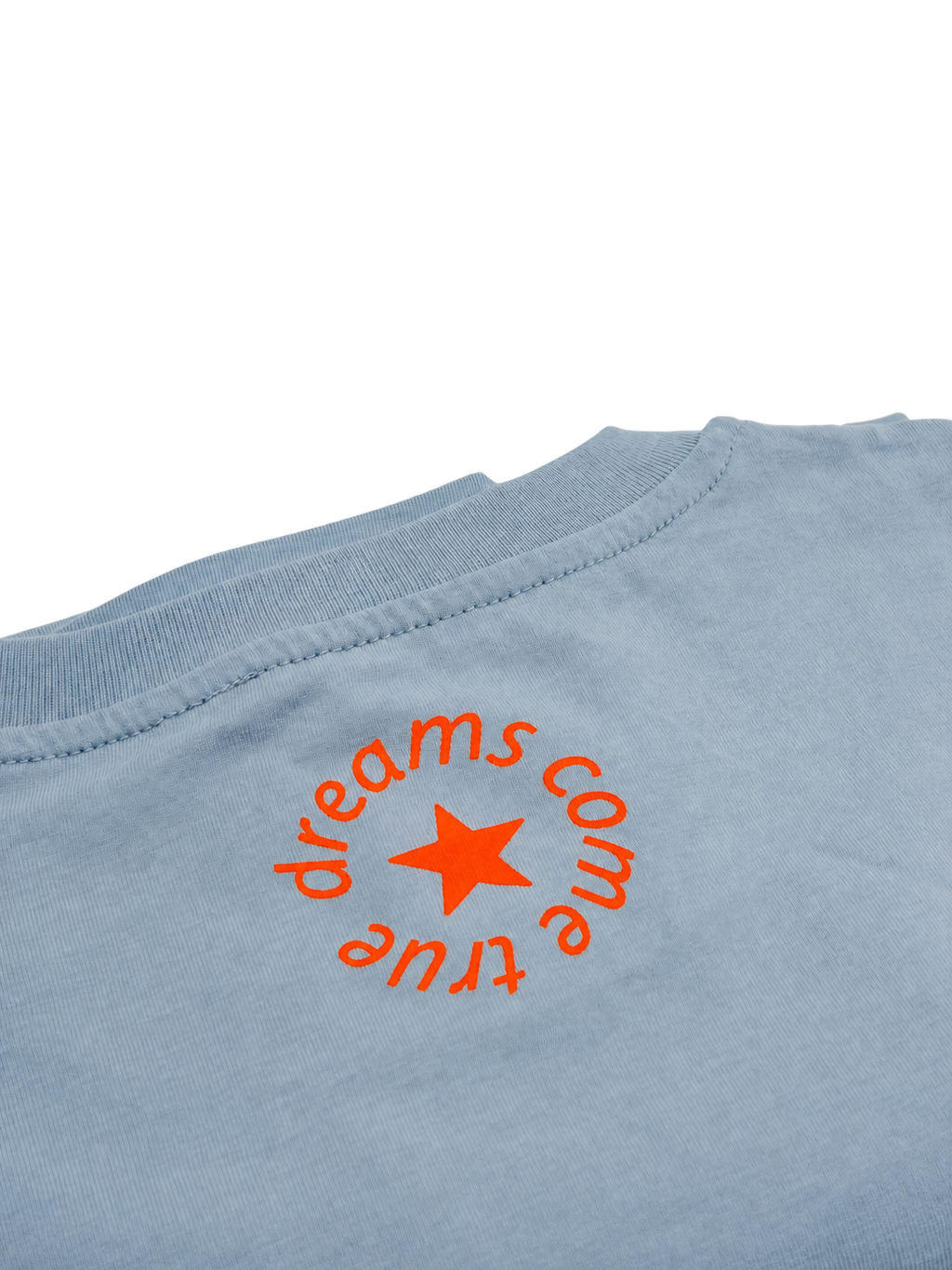 MORE AMORE Unisex T-Shirt in Vintage Sky Blue – Detail des orangefarbenen Nackenprints
