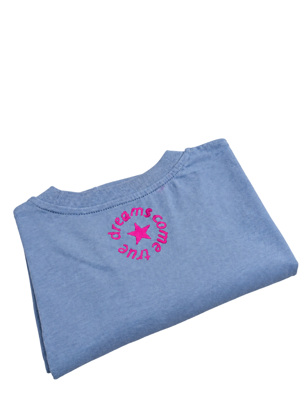 MORE AMORE Vintage Sky Blue ONE OF ONE T-Shirt – Rückseite mit pinkem Nackenprint