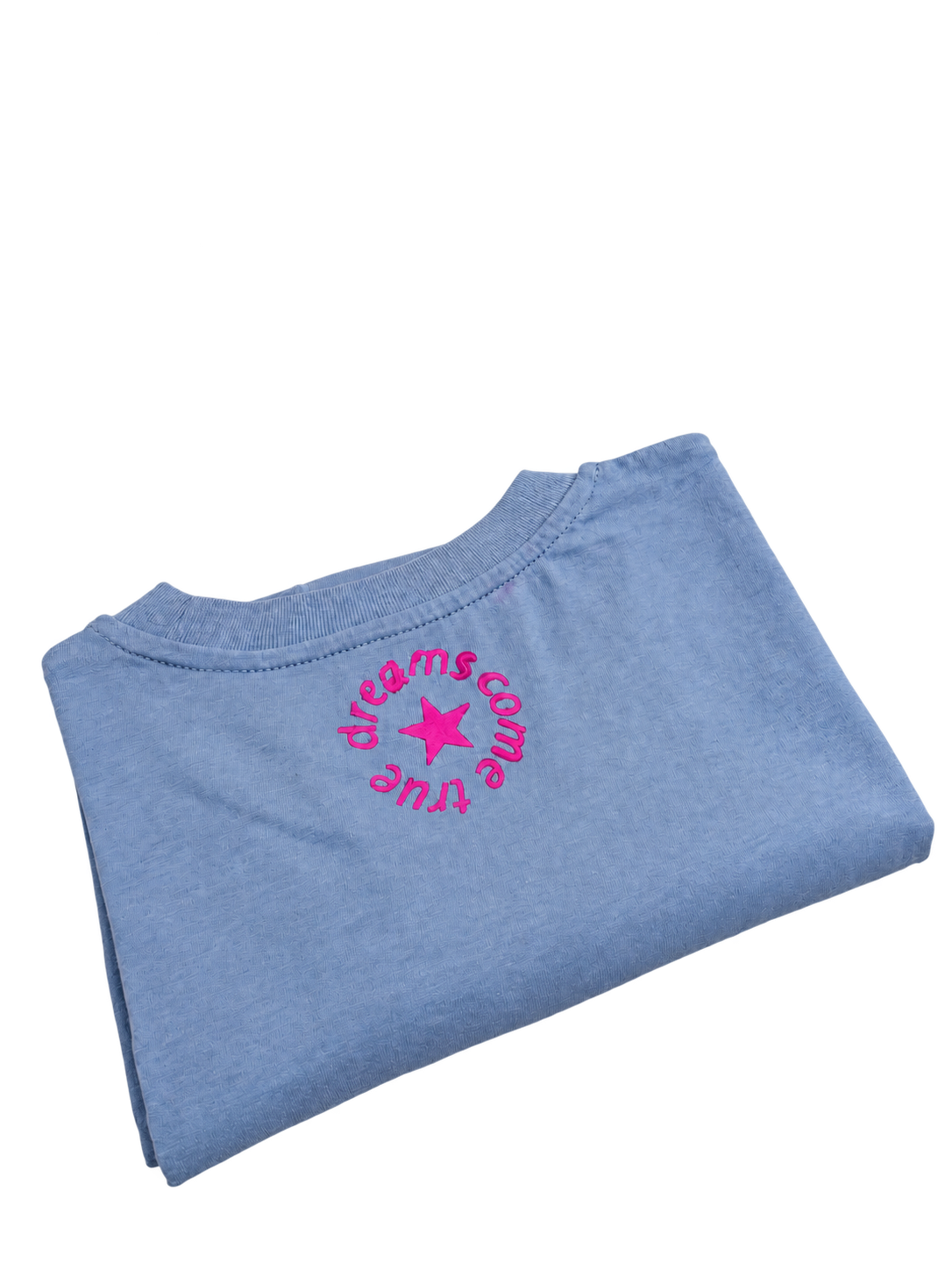 MORE AMORE Vintage Sky Blue ONE OF ONE T-Shirt – Rückseite mit pinkem Nackenprint