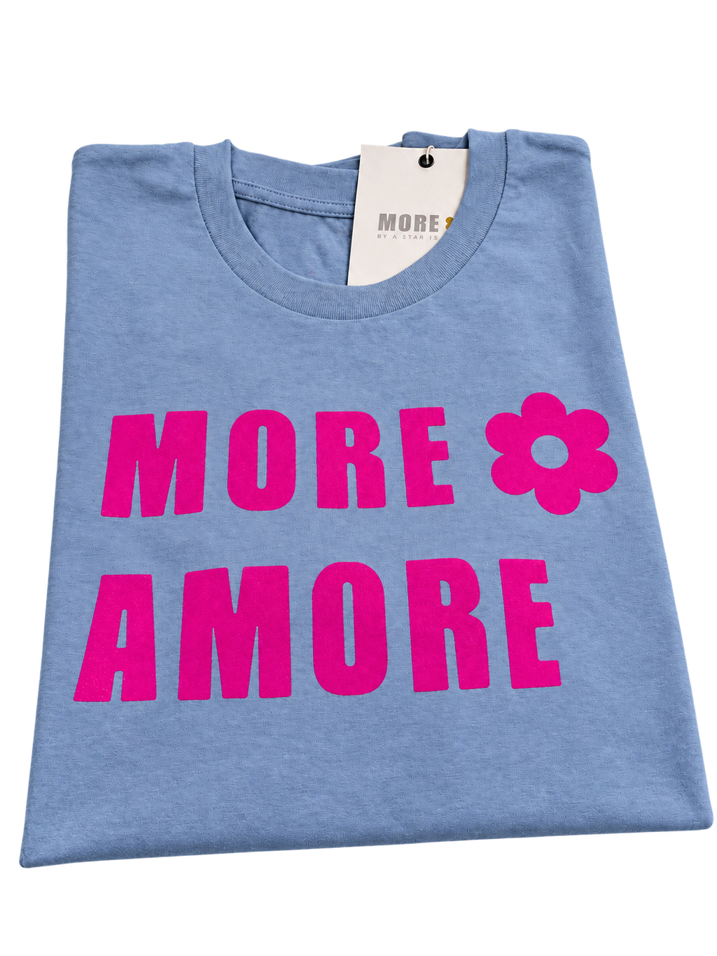 MORE AMORE Vintage Sky Blue ONE OF ONE T-Shirt – Frontprint Pink mit Etikett