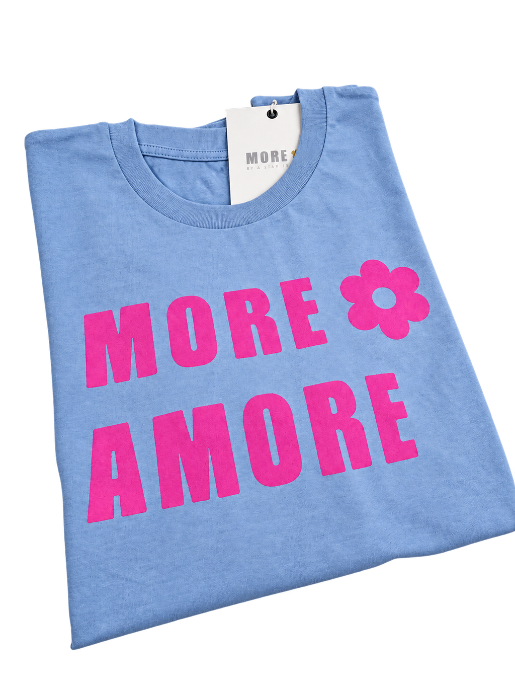 MORE AMORE Vintage Sky Blue ONE OF ONE T-Shirt – schräge Vorderansicht