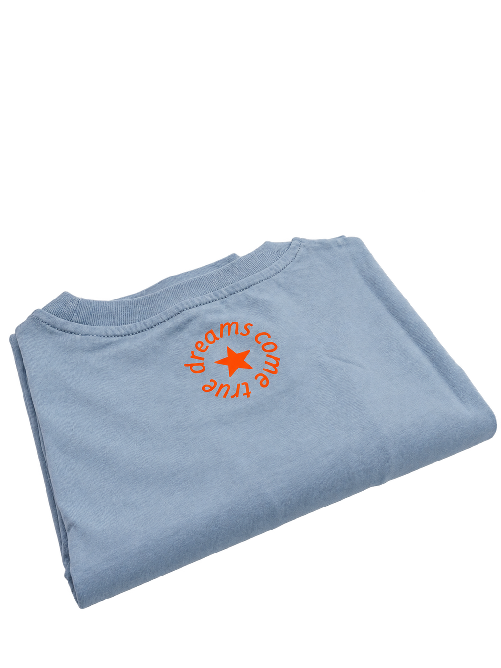 MORE AMORE Unisex T-Shirt in Vintage Sky Blue mit orangefarbenem Nackenprint – Rückansicht