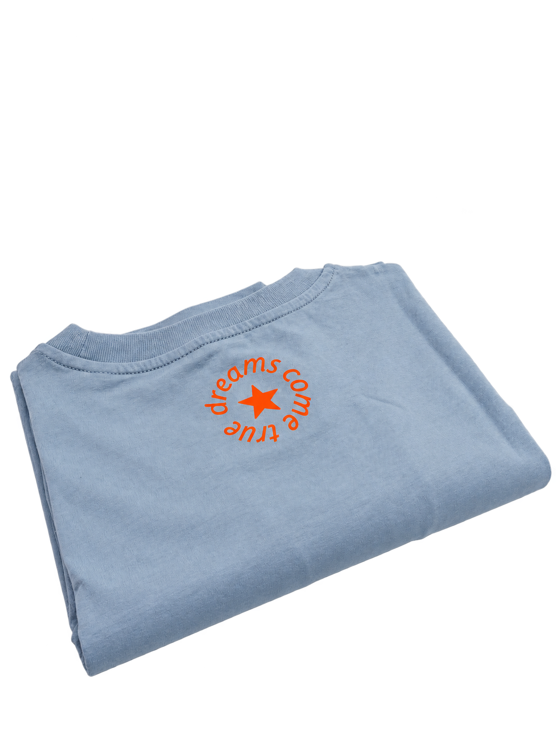MORE AMORE Unisex T-Shirt in Vintage Sky Blue mit orangefarbenem Nackenprint – Rückansicht