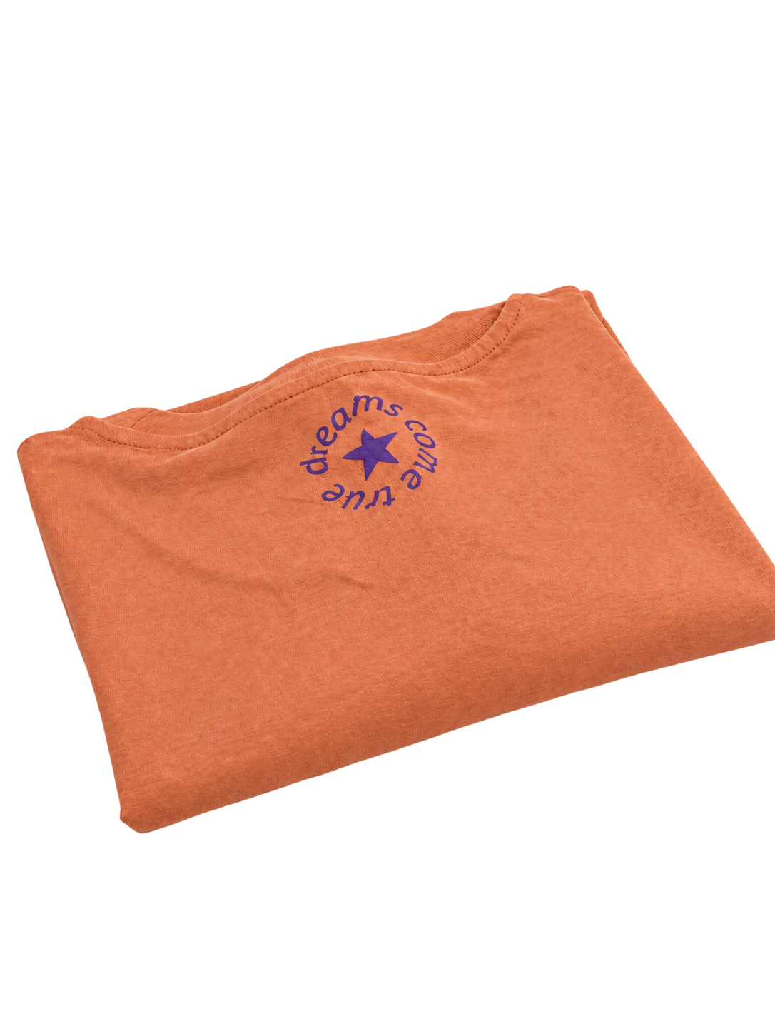 MORE AMORE Vintage Tangerine Unisex T-Shirt – gefaltete Rückseite mit Purple Print