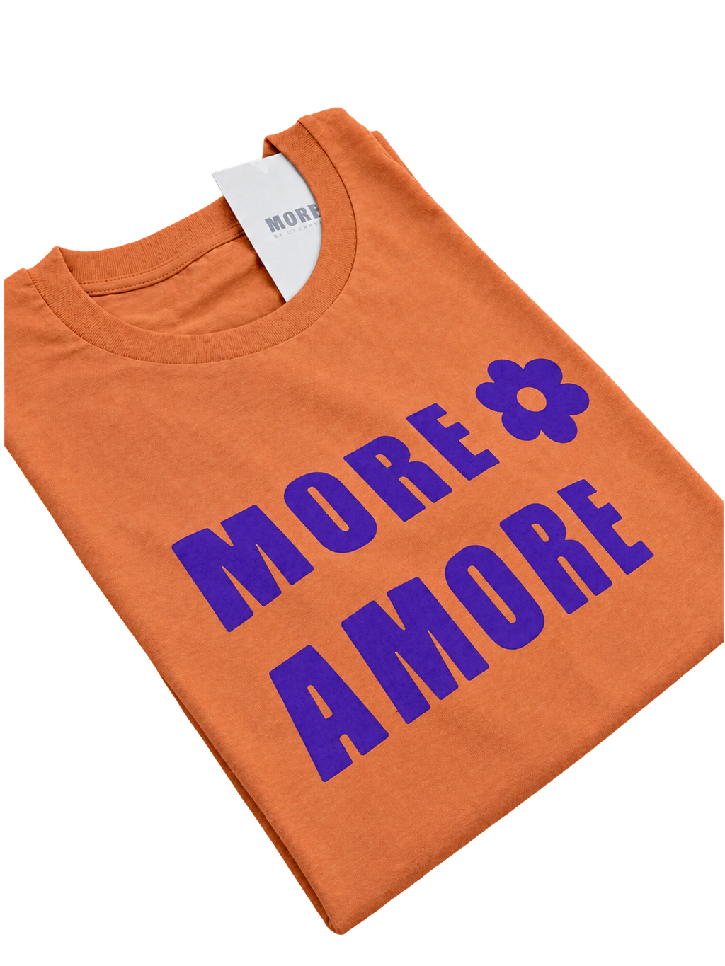 MORE AMORE Vintage Tangerine Unisex T-Shirt mit Purple Frontprint – schräge Detailansicht