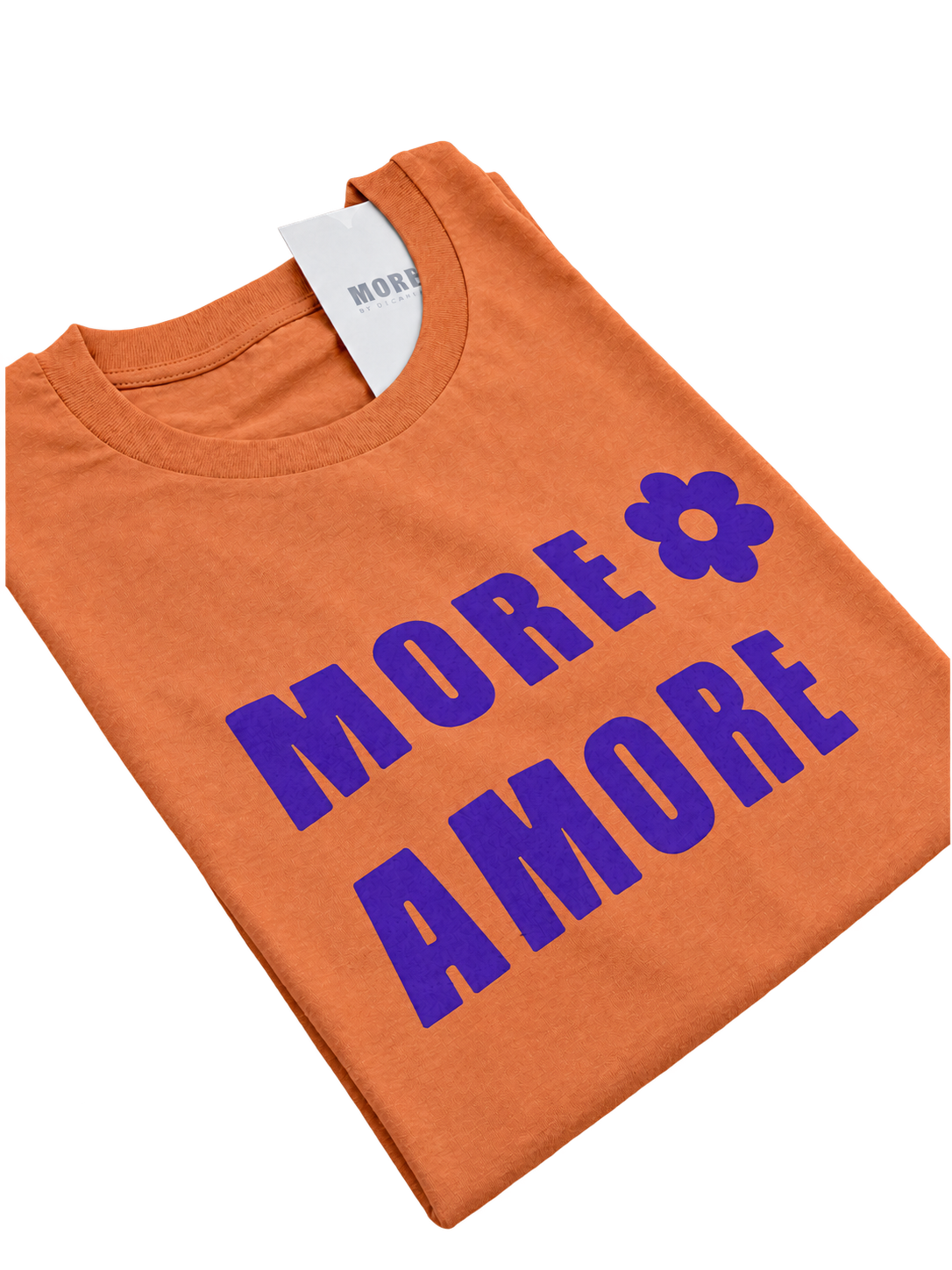 MORE AMORE Vintage Tangerine Unisex T-Shirt mit Purple Frontprint – schräge Detailansicht