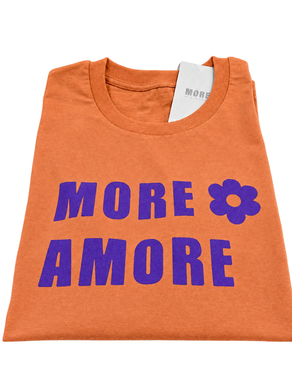 MORE AMORE Vintage Tangerine Unisex T-Shirt mit Purple Frontprint – gefaltet, Vorderansicht