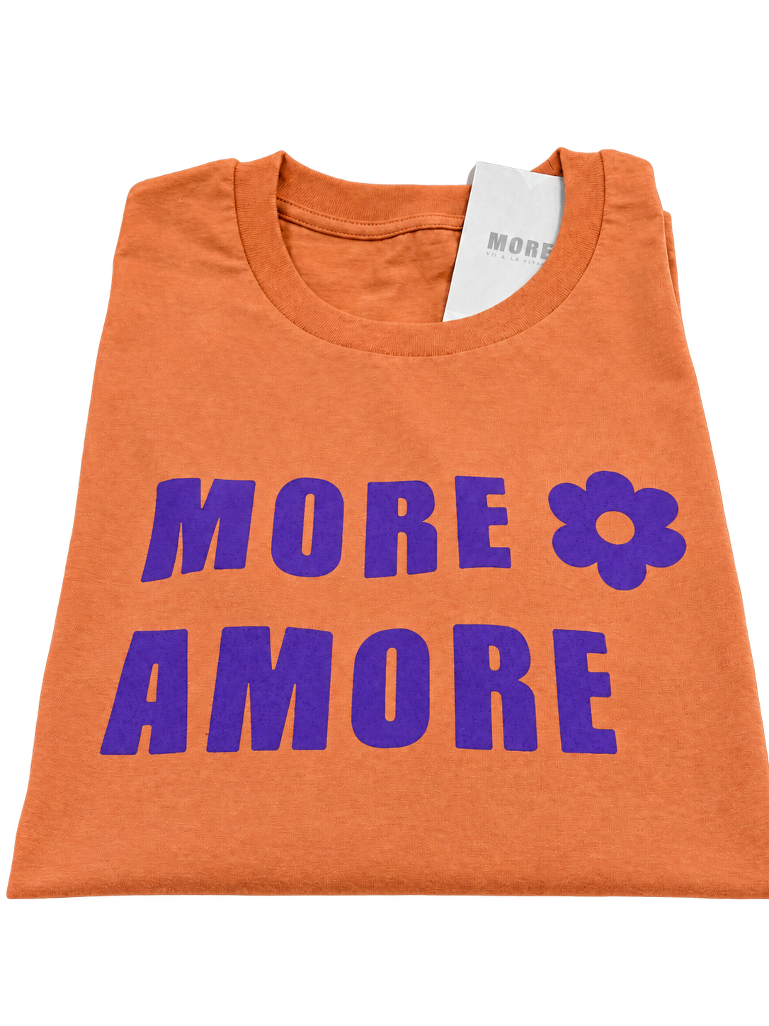 MORE AMORE Vintage Tangerine Unisex T-Shirt mit Purple Frontprint – gefaltet, Vorderansicht