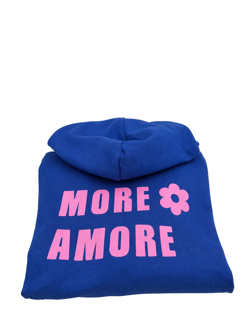 SARAH – MORE AMORE Boxy Unisex-Hoodie in Royal Blue mit pinkem Frontprint, gefaltete Produktansicht