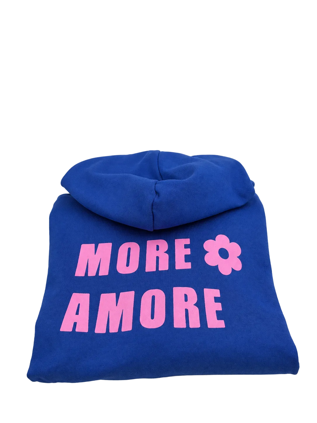 SARAH – MORE AMORE Boxy Unisex-Hoodie in Royal Blue mit pinkem Frontprint, gefaltete Produktansicht