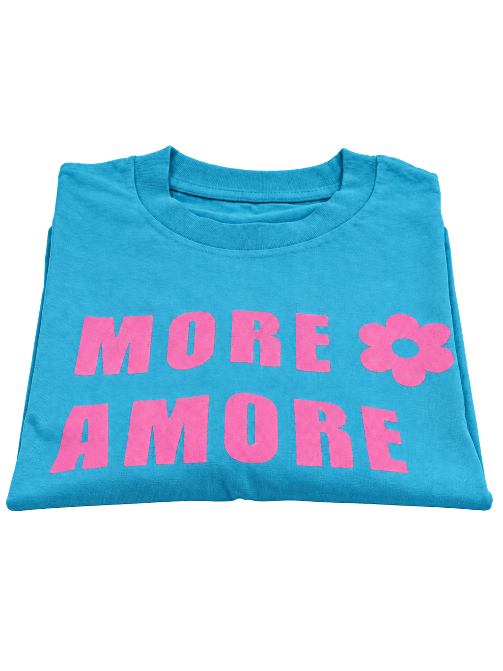 SUSANNE MORE AMORE Cropped T-Shirt in Aqua Blue mit handgedrucktem Frontprint in Purple – transparent